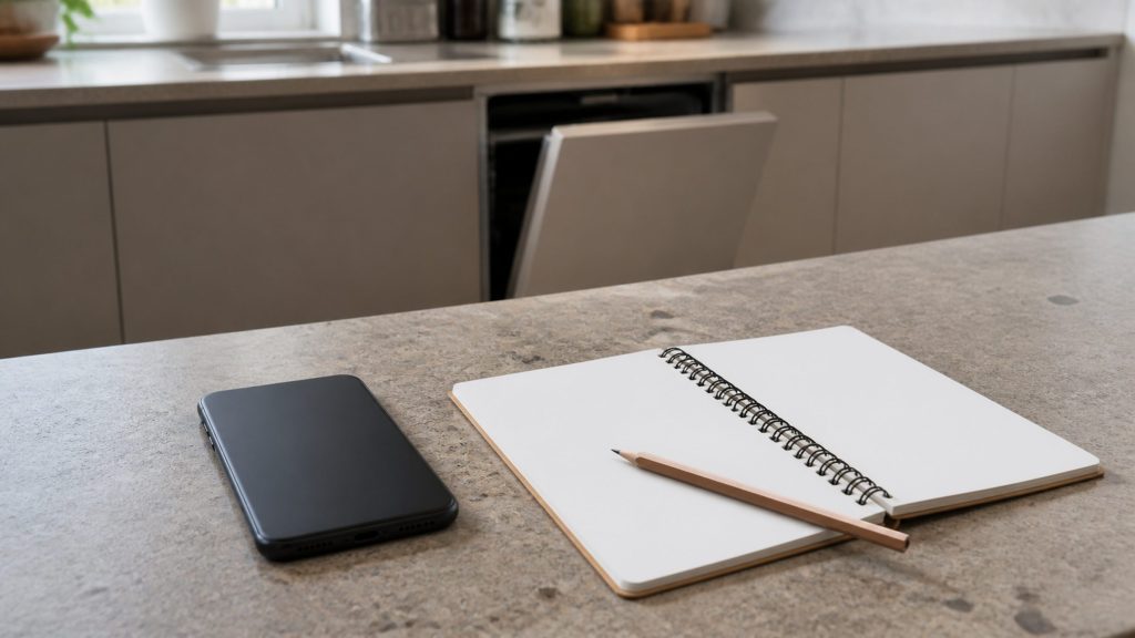 A blank spiral notebook and a pencil on a stone worktop beside a phone lying face down, an open dishwasher out of focus behind