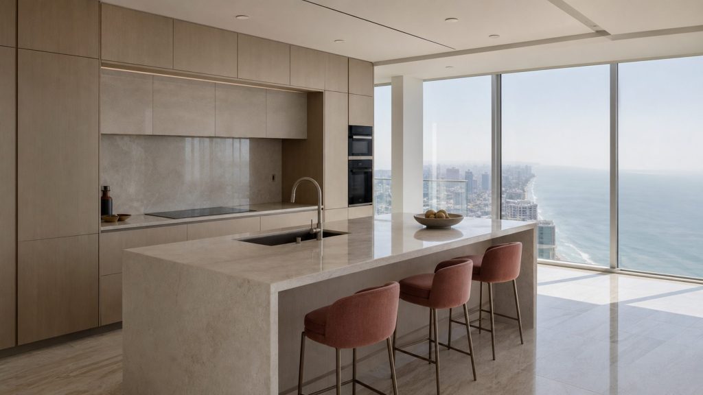 A pale stone island with claret bar stools in a high-floor condominium kitchen, the coast and the ocean through a glass wall