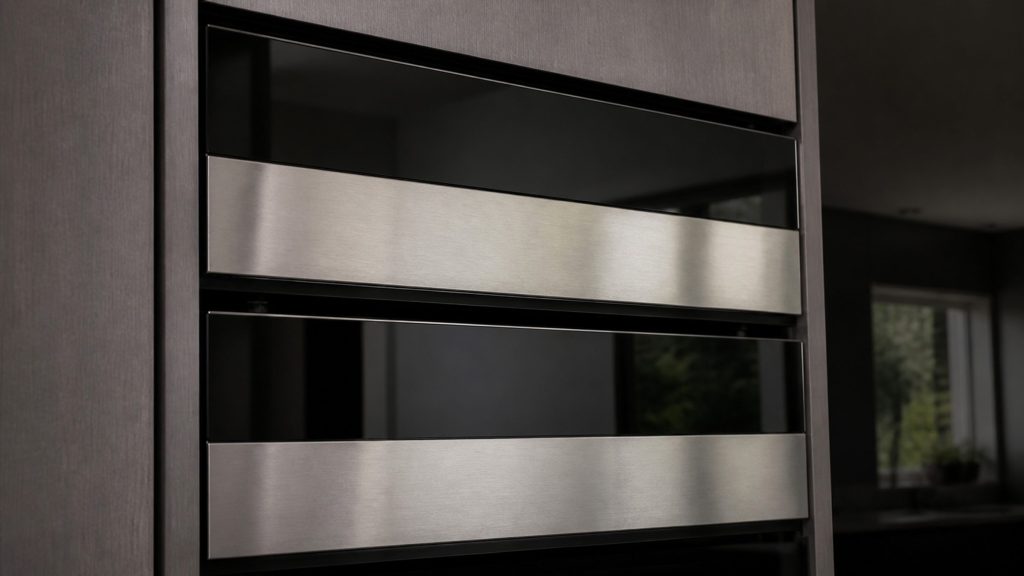 Two blank control fascias one above the other in a tall built-in housing, brushed metal and dark glass