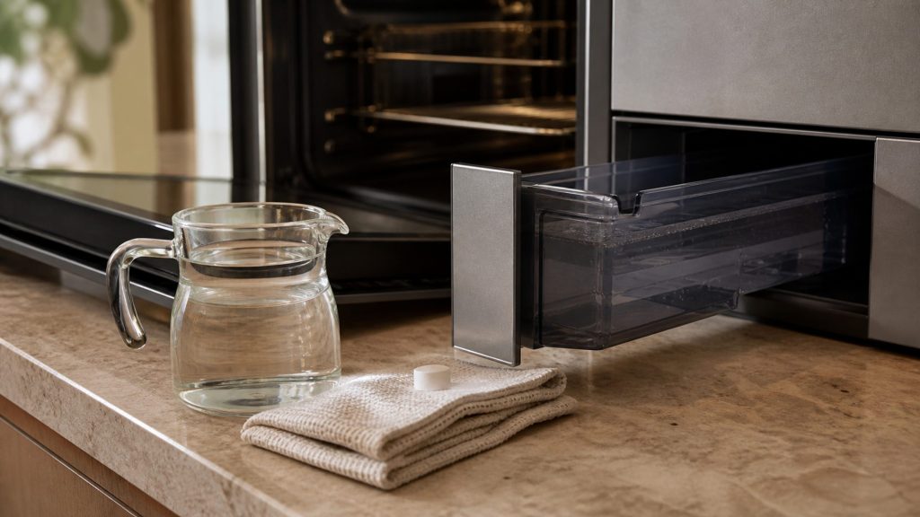 A glass jug of solution, a plain descaling tablet on a folded cloth, and the water container drawn out of a built-in steam oven