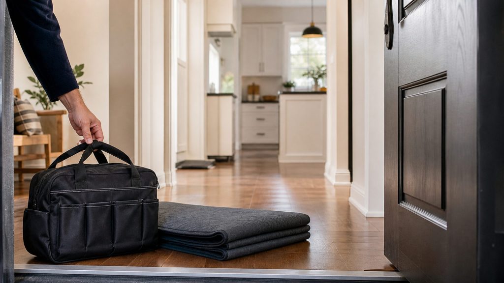 A technician's hand setting a tool bag and a folded protective mat down on the threshold of an open front door
