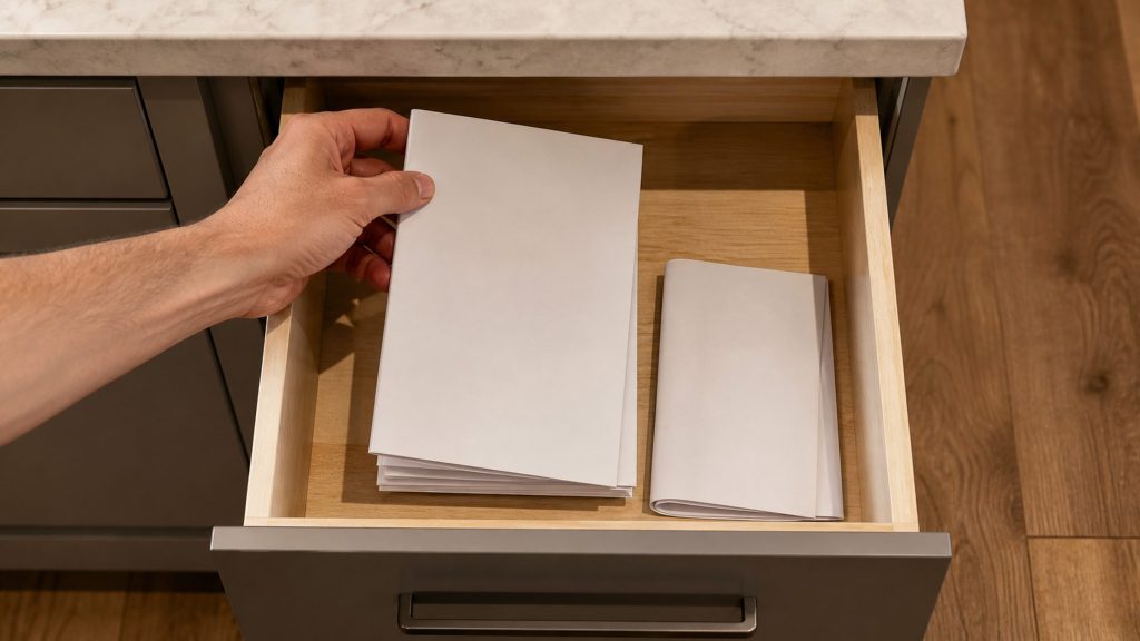 A hand lifting a folded booklet out of a kitchen drawer holding a small stack of them, all with blank covers
