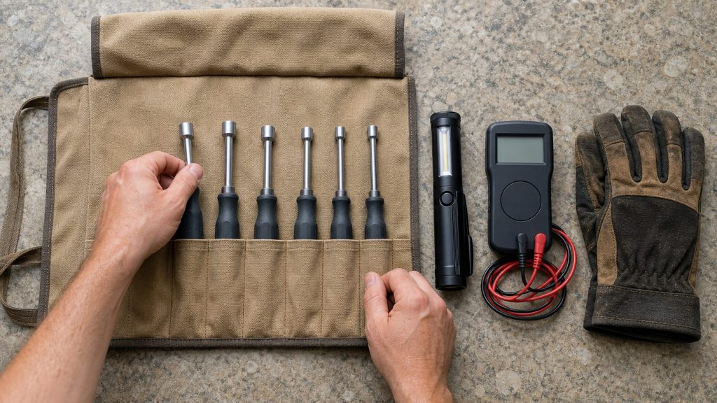 A canvas tool roll opened flat on a worktop with nut drivers, a work light, a meter and a pair of gloves laid out beside it