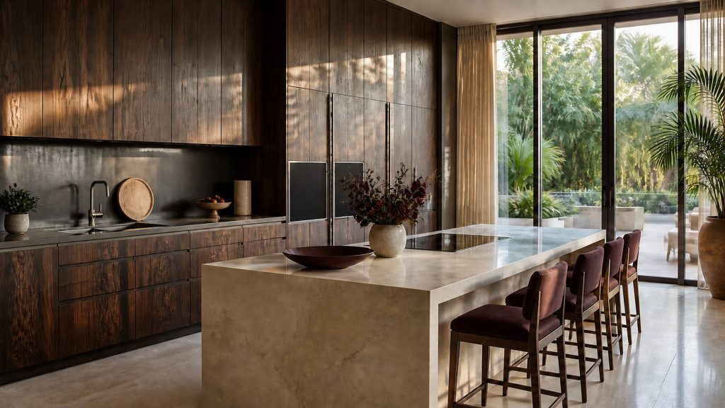 A wide dark-timber kitchen open to a tropical terrace, a stone island with claret bar stools and a bowl of dark fruit
