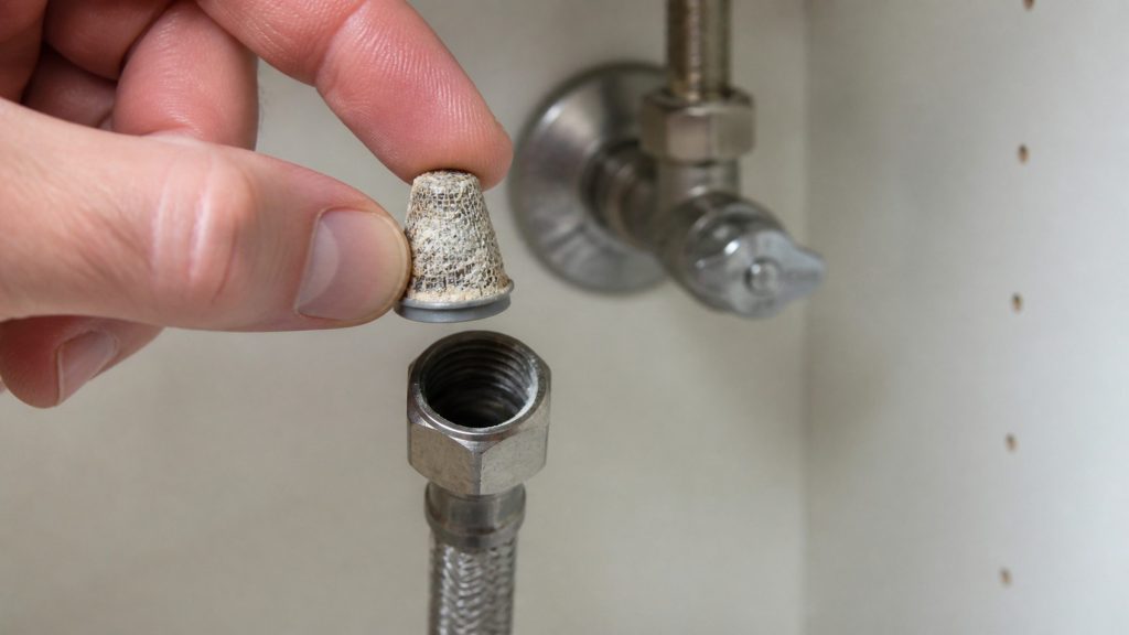 Fingers holding the small conical inlet filter from an appliance hose, its mesh clogged with scale, the shutoff valve behind