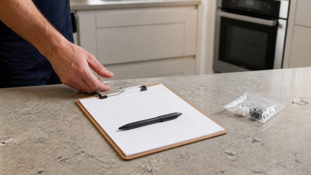 A technician's hand on a clipboard of blank paper on a stone worktop, a bagged part beside it and a built-in oven behind