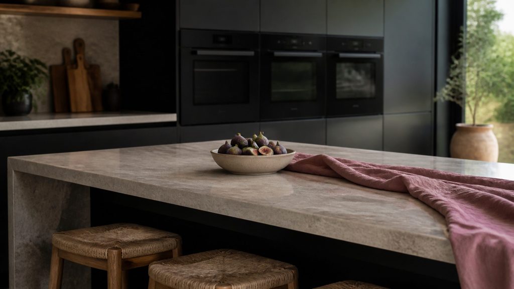 A wide stone-topped kitchen island in a dark-cabinet kitchen, a bowl of figs and a claret linen cloth on the top, stools along one side