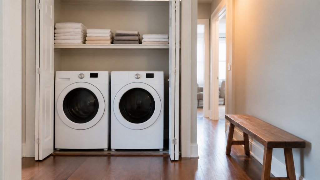 A washing machine and a dryer side by side in a shallow closet off a hallway, bifold doors folded back, folded towels on the shelf above