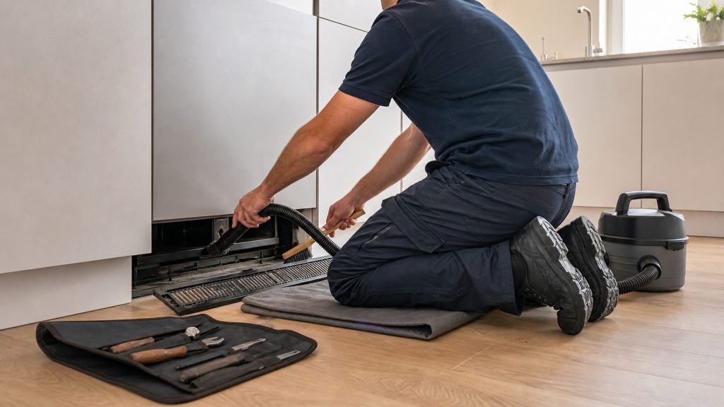A technician kneeling on a mat to vacuum and brush the plinth grille of a built-in refrigerator, a roll of tools open on the floor