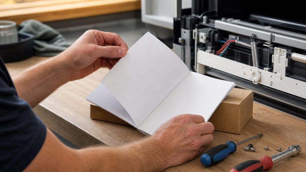 A technician opening a plain booklet on a workbench beside an appliance laid open on its wiring and mechanism