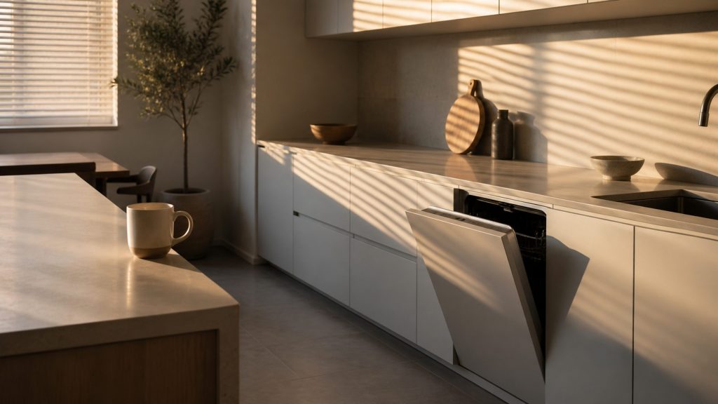 Morning sun through blinds across a pale kitchen run, a dishwasher door standing part open, one mug on the island