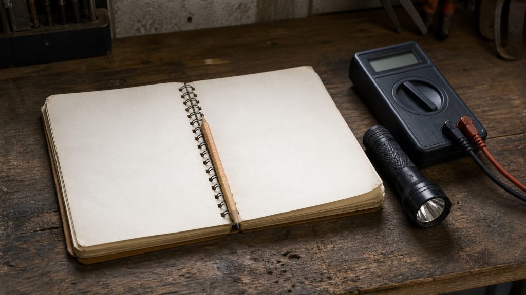 An open notebook of blank pages on a worn workbench beside a multimeter and a flashlight