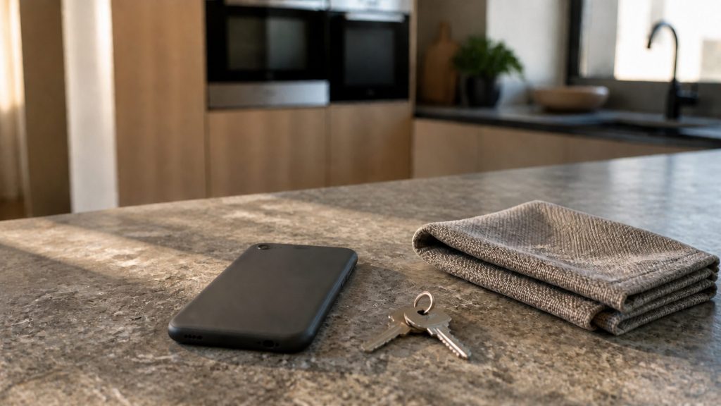 A phone face down beside house keys and a folded cloth on a stone worktop, a kitchen out of focus behind
