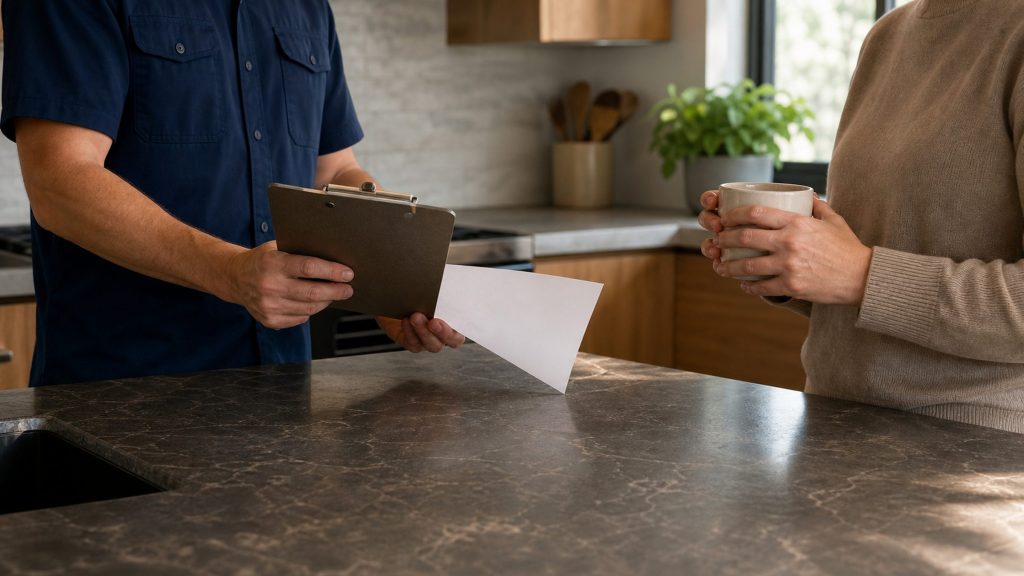 A technician holding out a sheet of paper from a clipboard across a kitchen worktop to a customer holding a mug