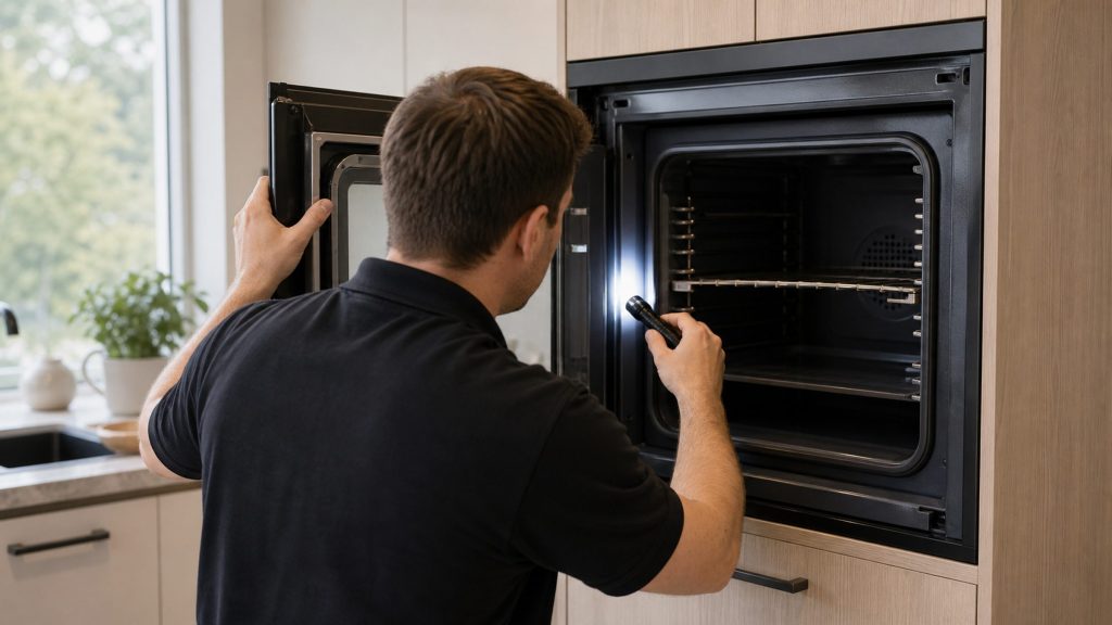 A technician holding open the door of a built-in oven and lighting the empty cavity with a flashlight, seen from behind