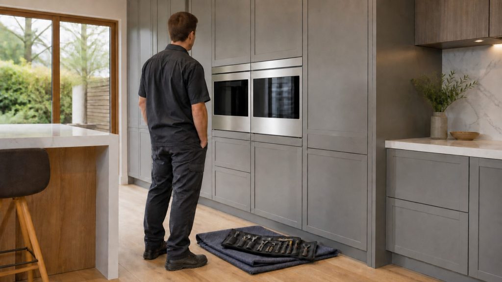 A technician standing at a tall cabinet column of built-in appliances, tool roll open on a folded mat at his feet