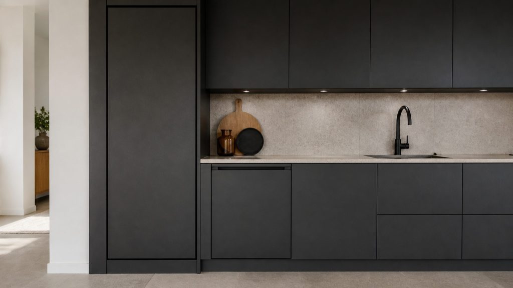 A fully integrated dishwasher and a tall refrigerator column side by side in one run of matte black handleless cabinetry