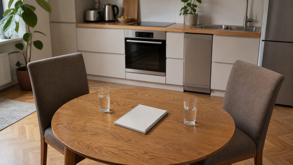 A round kitchen table with two chairs drawn up, a blank notebook and two glasses of water between them