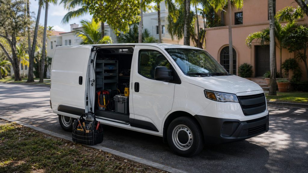 A plain white service van parked at the curb of a palm-lined street, side door open on racked parts, a tool bag on the sidewalk