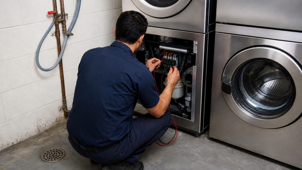 A technician crouched at the open service panel of a stainless commercial washing machine in a block-walled utility room, meter probes on the terminal block
