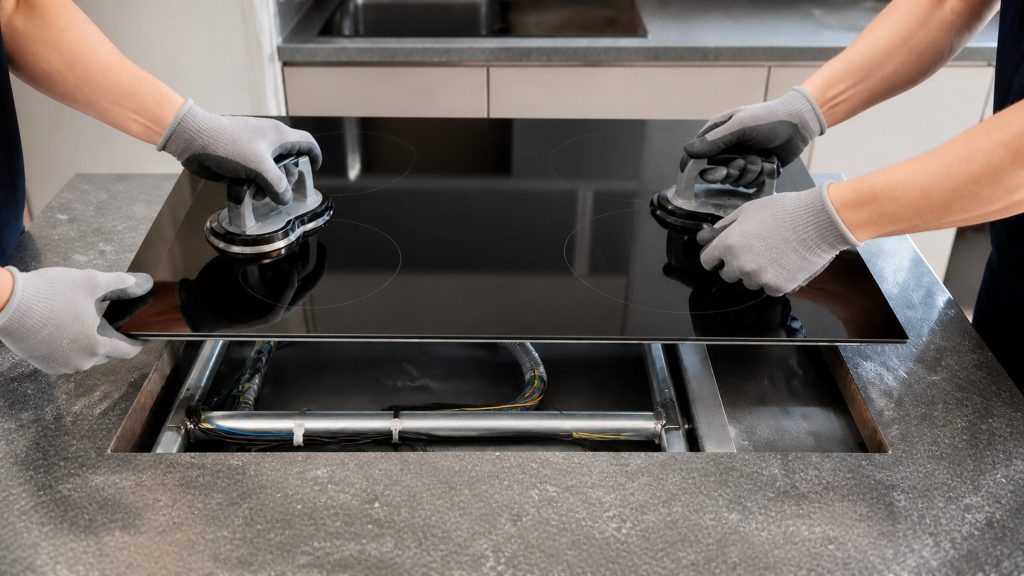 Two pairs of gloved hands lifting a black glass cooktop out of its worktop cut-out on suction pads, the frame and wiring loom exposed below
