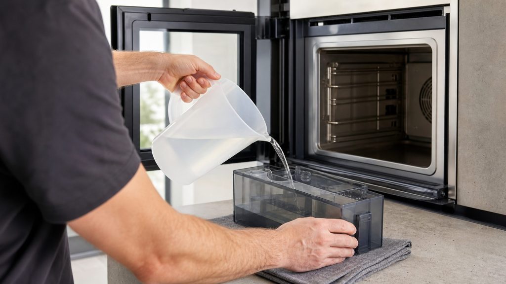 Descaling solution being poured from a plain jug into the water container of a built-in steam oven standing on the worktop, the oven door open behind
