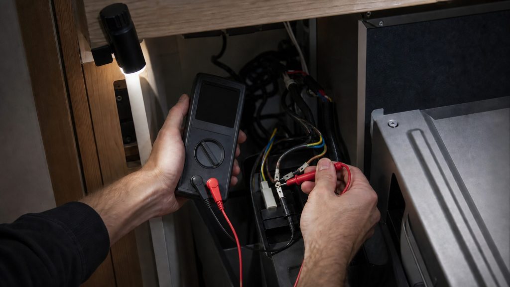 A technician holding a multimeter and touching a probe to a terminal in the wiring behind an appliance, a work light clipped to the cabinet