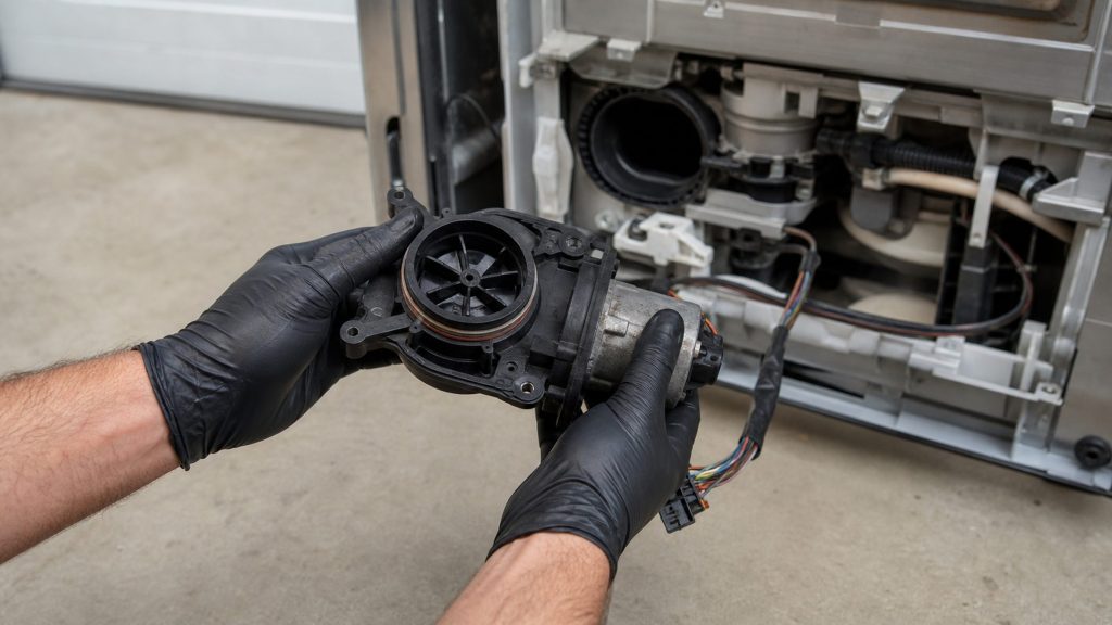 Gloved hands holding the circulation pump and its impeller housing clear of an opened dishwasher lying on its back