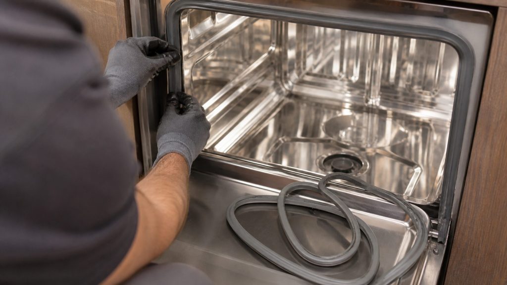 Gloved hands pressing a new rubber tub seal into the channel around the mouth of a dishwasher, the old seal coiled on the open door