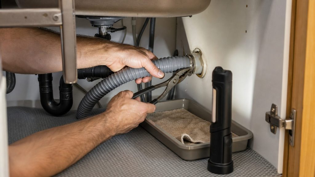 Hands with pliers on the corrugated dishwasher drain hose where it joins the waste spigot under a kitchen sink, a tray and a towel catching the drips