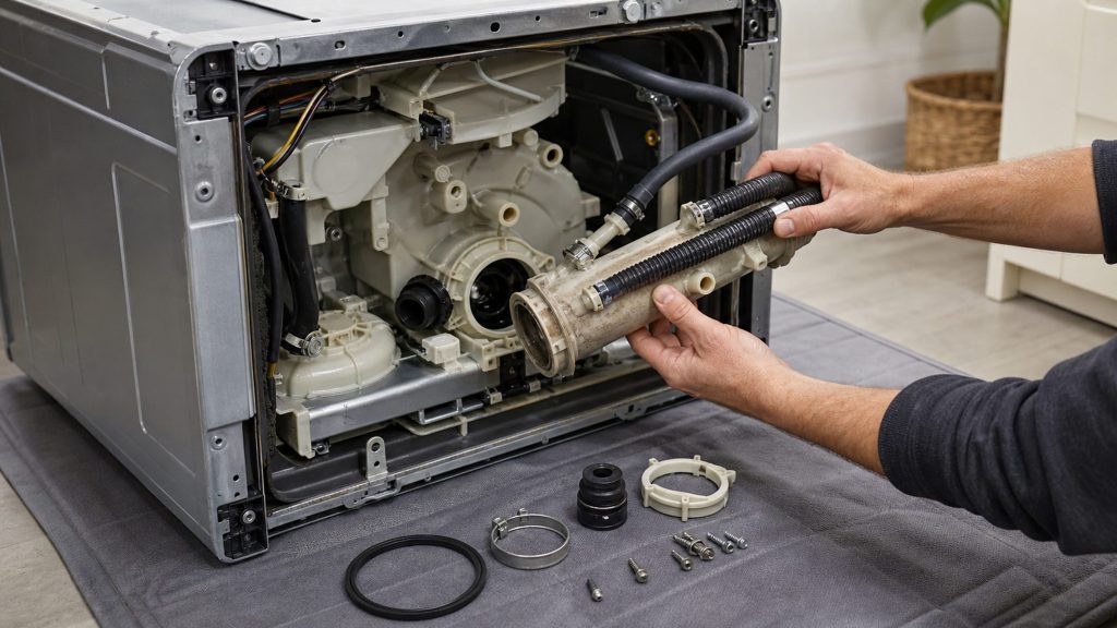 A technician lifting the cylindrical flow-through heater and its hose out of the base of a dishwasher laid on its back on a mat