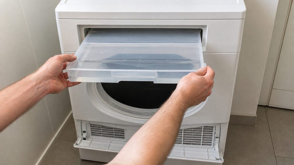 Two hands drawing the clear condensate container out of the top of a heat-pump dryer, water visible in it