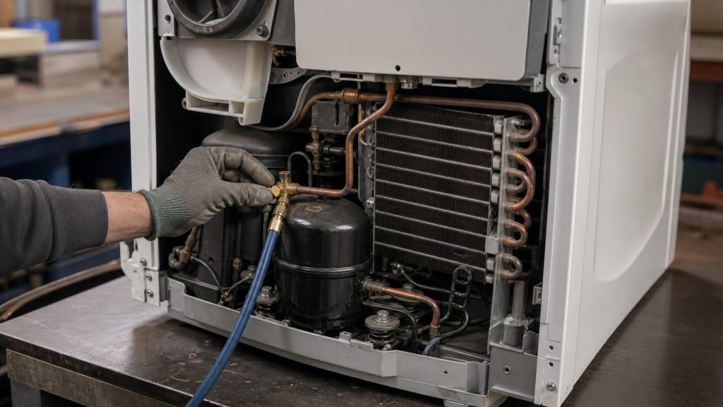 A gloved hand fitting a service gauge line to the sealed refrigerant circuit of a heat-pump dryer opened on a workshop bench