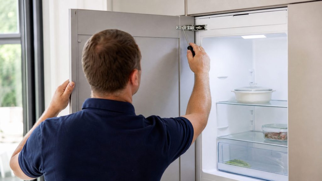 A technician adjusting the concealed hinge of an integrated refrigerator, its furniture panel door held open on the lit interior of shelves and drawers