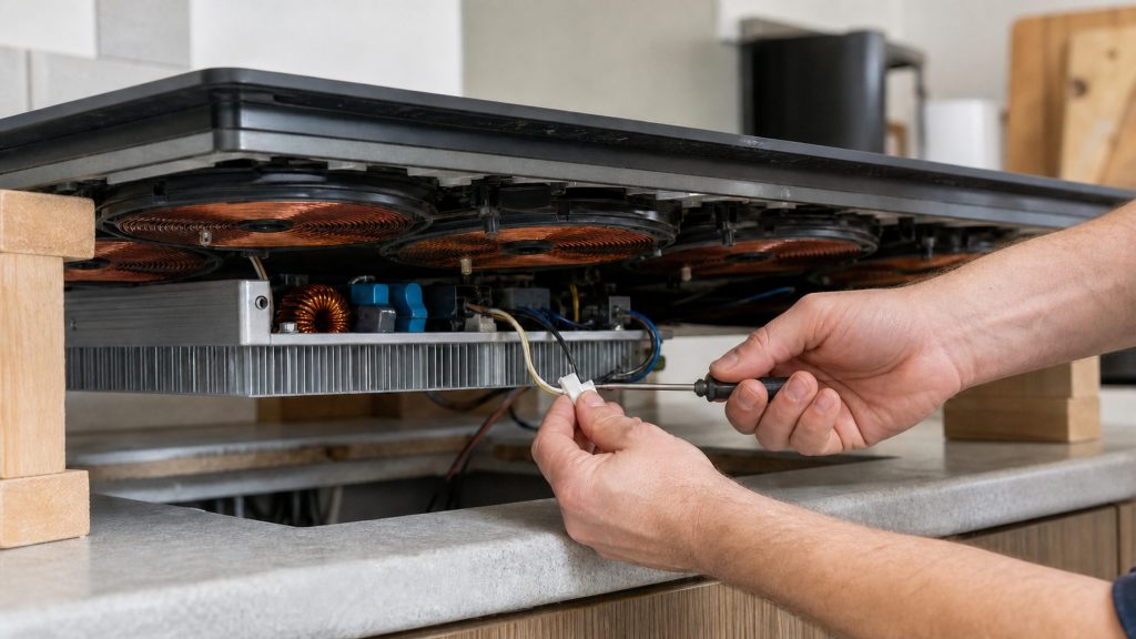 A technician unplugging a connector on the underside of an induction cooktop tilted up on blocks over the worktop, its copper coils and power board exposed