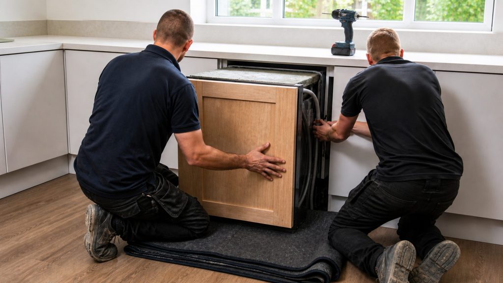 Two technicians on their knees easing an integrated dishwasher into its cabinet opening, one holding the oak door panel while the other guides the hoses