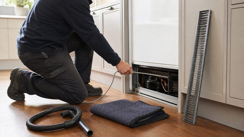 A technician brushing the condenser coil behind the removed plinth grille of a built-in refrigerator, vacuum hose and folded mat on the floor