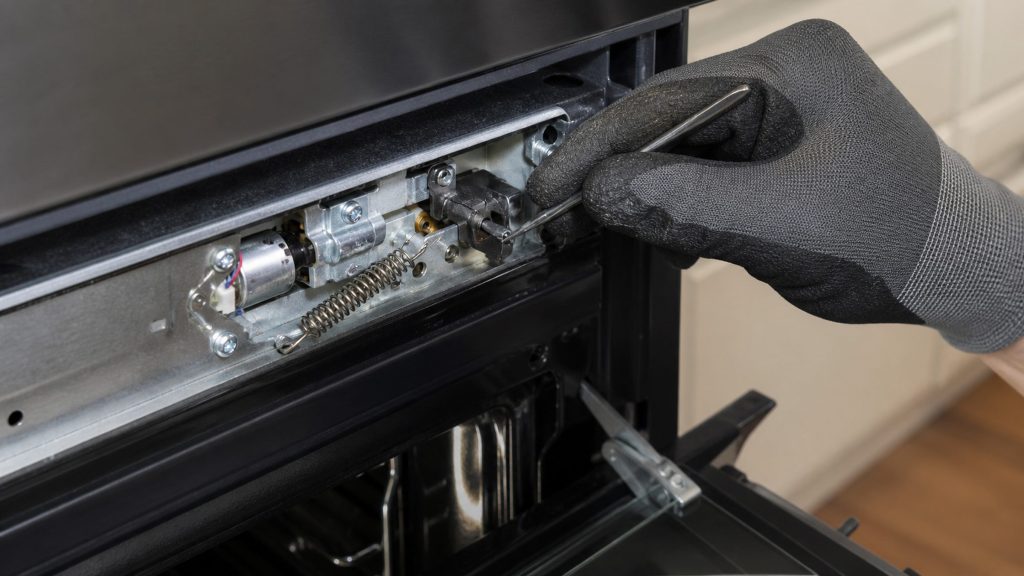 A gloved hand freeing the door latch mechanism in the top frame of a built-in oven, its motor and spring exposed, the door hanging open below