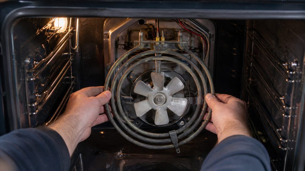 Two hands lifting the ring element clear of the fan at the back of an oven cavity, the fan cover removed