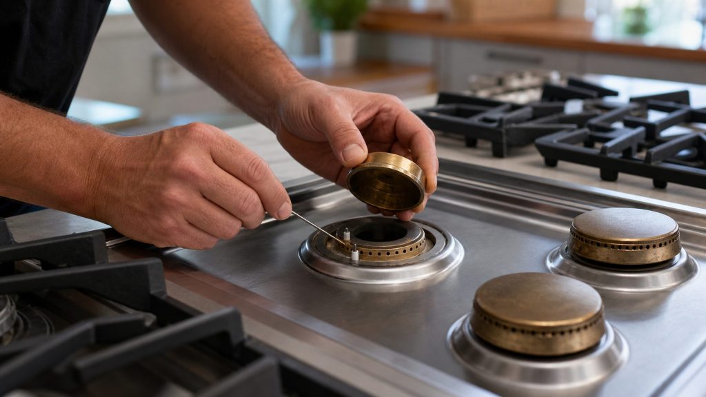 A technician lifting the brass burner cap off a sealed burner on a stainless rangetop and clearing the injector with a fine wire