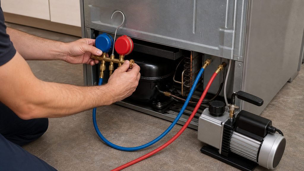 A technician holding a refrigeration gauge manifold with its red and blue hoses connected to the compressor bay of a refrigerator, a vacuum pump standing on the floor