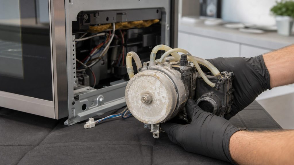 Gloved hands lifting the steam generator out of a built-in steam oven, its boiler cylinder crusted white with scale