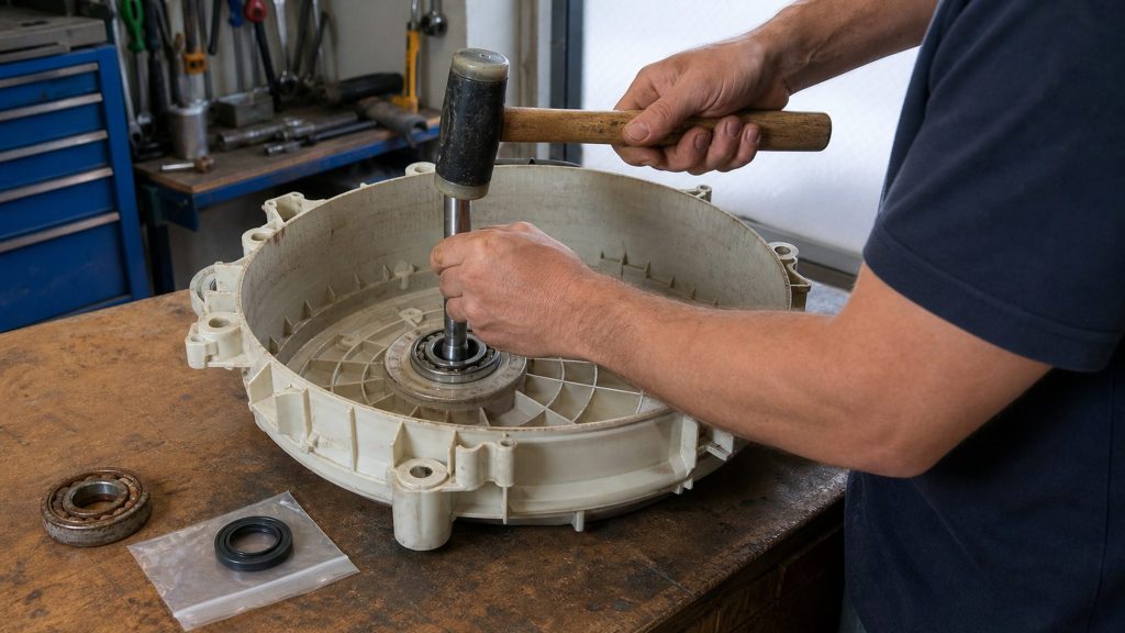 A technician driving a new bearing into the tub half of a washing machine with a drift and a mallet on a workshop bench, the old bearing and seal beside it