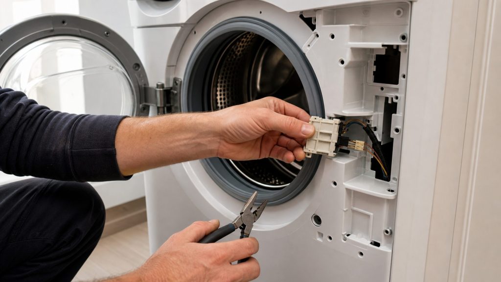 A hand withdrawing the door interlock from the front panel of a washing machine, its wiring loom still attached, pliers in the other hand