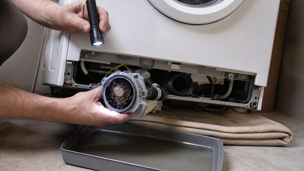 A technician holding the drain pump clear of the open plinth of a washing machine by torchlight, the impeller wound with hair and thread
