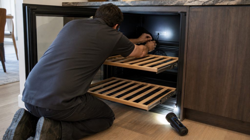 A technician kneeling at an undercounter wine cabinet with two wooden shelves drawn out, working on the fan at the back of the compartment by torchlight