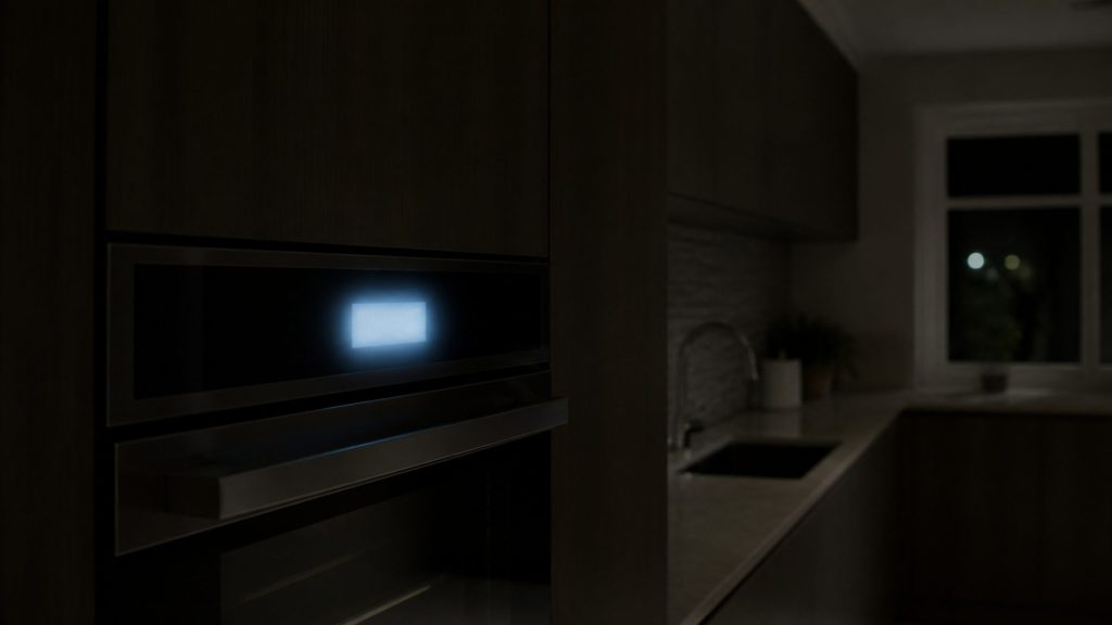 The lit display of a built-in appliance glowing in an otherwise dark kitchen, the readout too washed out to carry a character