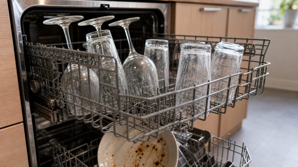 Wine glasses and tumblers standing upside down in a dishwasher basket, every one clouded with a white film after the cycle