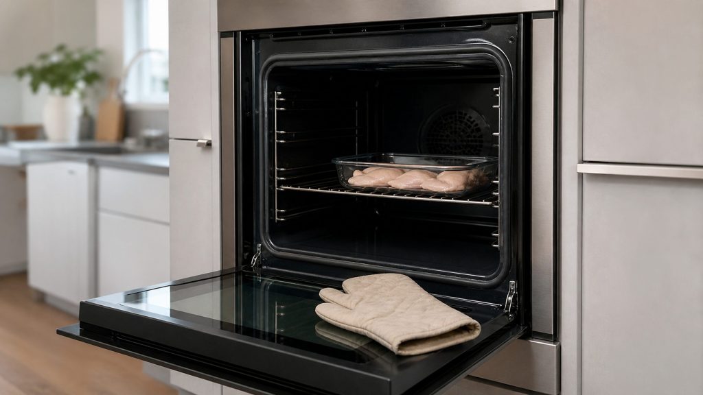 A glass dish of raw chicken standing on the shelf of a built-in oven whose cavity is cold and unlit, an oven glove on the open door