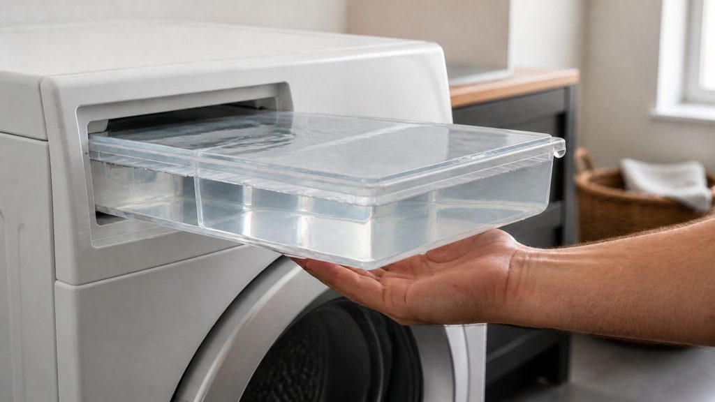 A hand withdrawing the condensate container of a heat-pump dryer, water standing right up to the brim